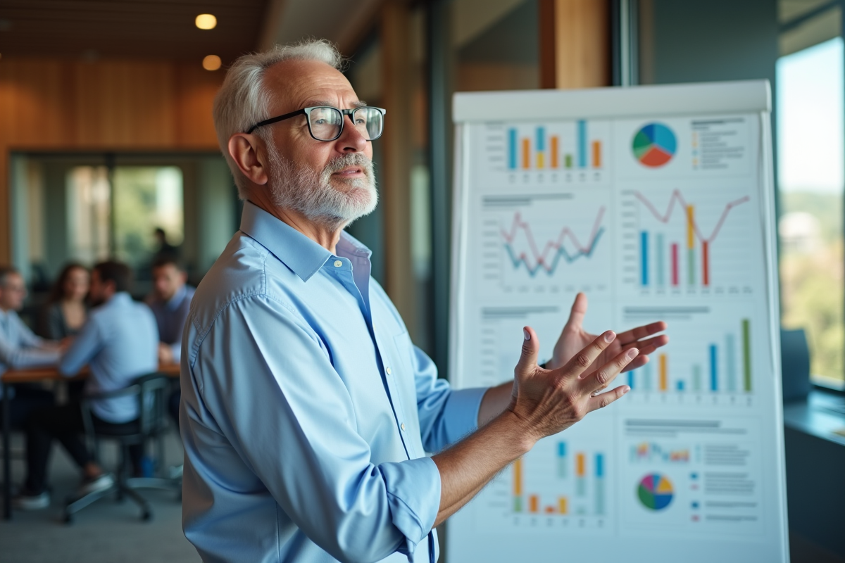 Homme expliquant des graphiques lors d