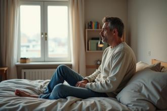 Homme pensif assis dans une chambre minimaliste