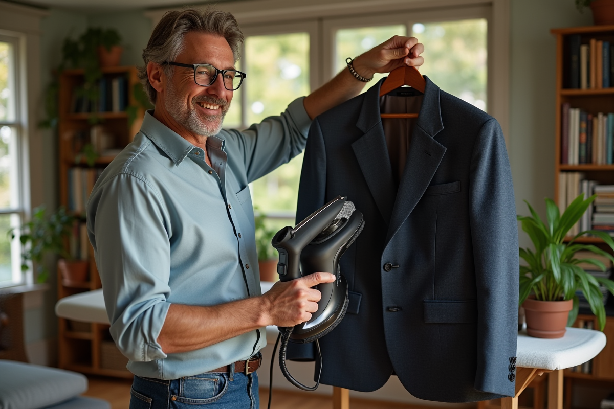 Homme repasse un blazer vintage dans le salon