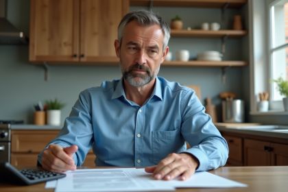 Homme d'âge moyen examine un document immobilier dans une cuisine