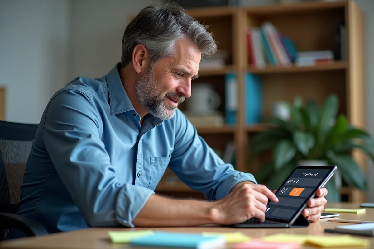 Homme cherchant la solution d'un jeu de mots à 5 lettres sur une tablette dans un bureau à domicile