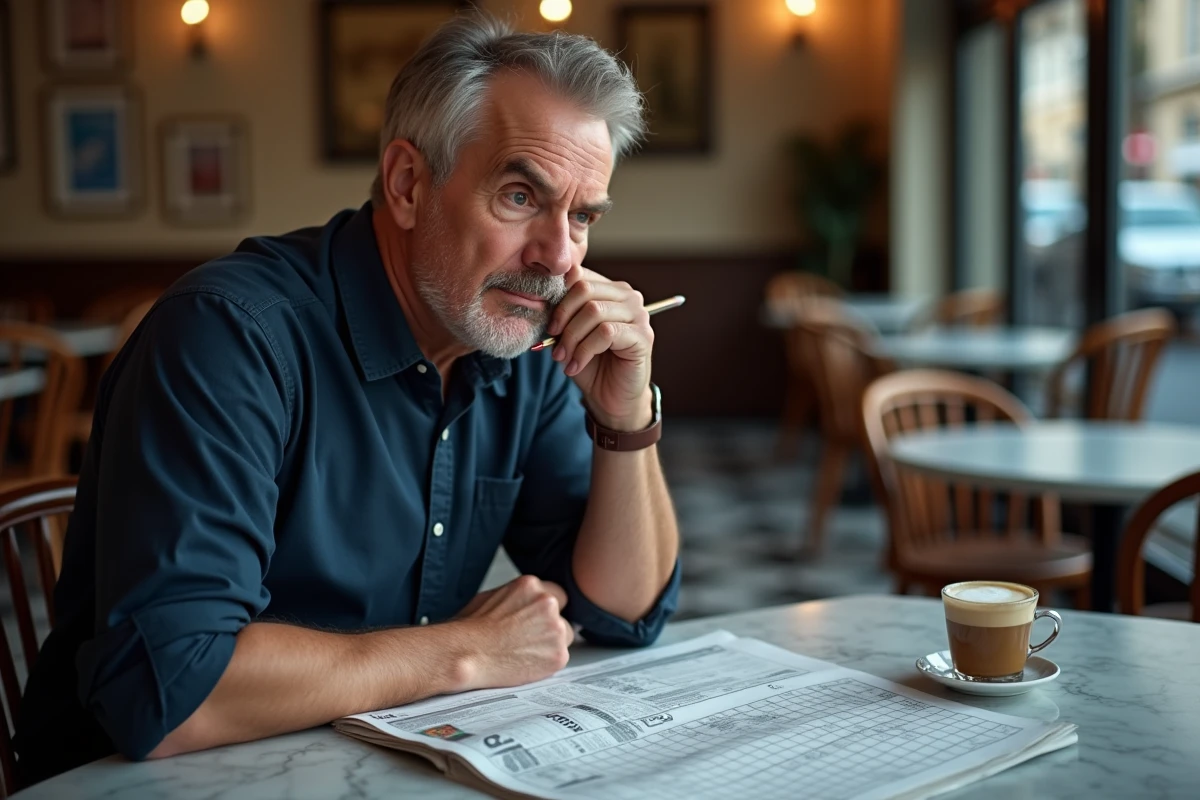 Homme pensif résolvant un sudoku dans un café avec un journal ouvert sur la page de puzzle