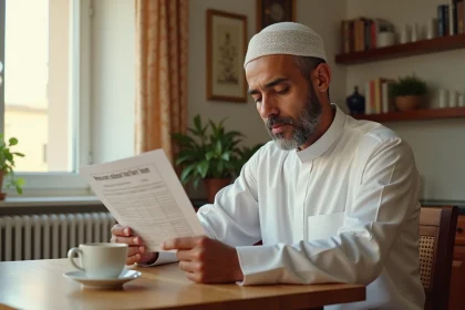 Homme consultant un tableau mensuel des horaires de prières islamiques imprimé, assis dans une cuisine à Douai
