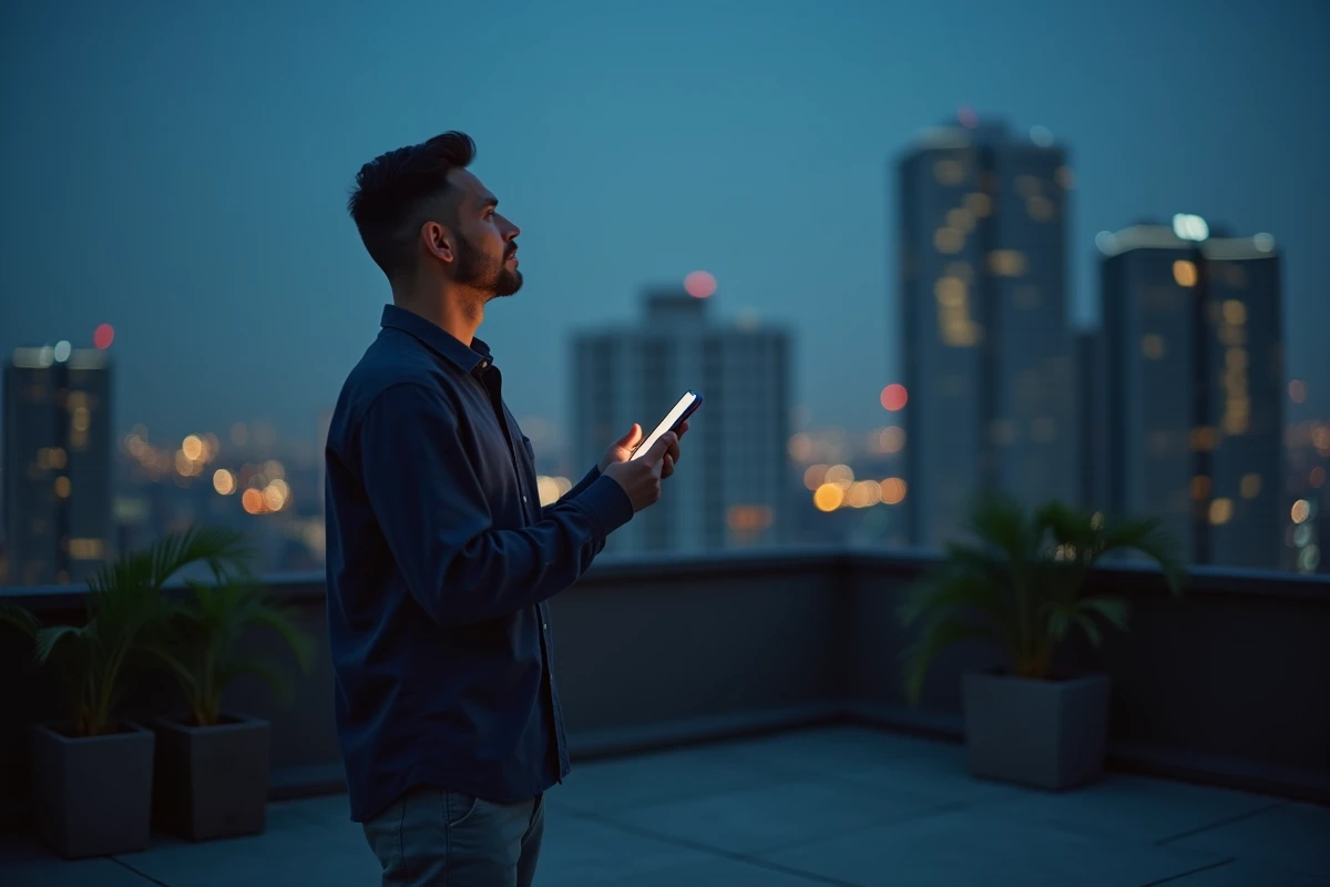Homme sur un toit urbain la nuit regardant son téléphone affichant 03h03, évoquant le déclic spirituel et la connexion âme sœur flamme jumelle