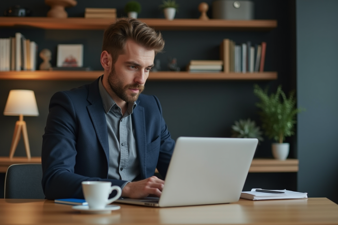 Jeune homme travaillant sur un ordinateur avec dashboard blockchain