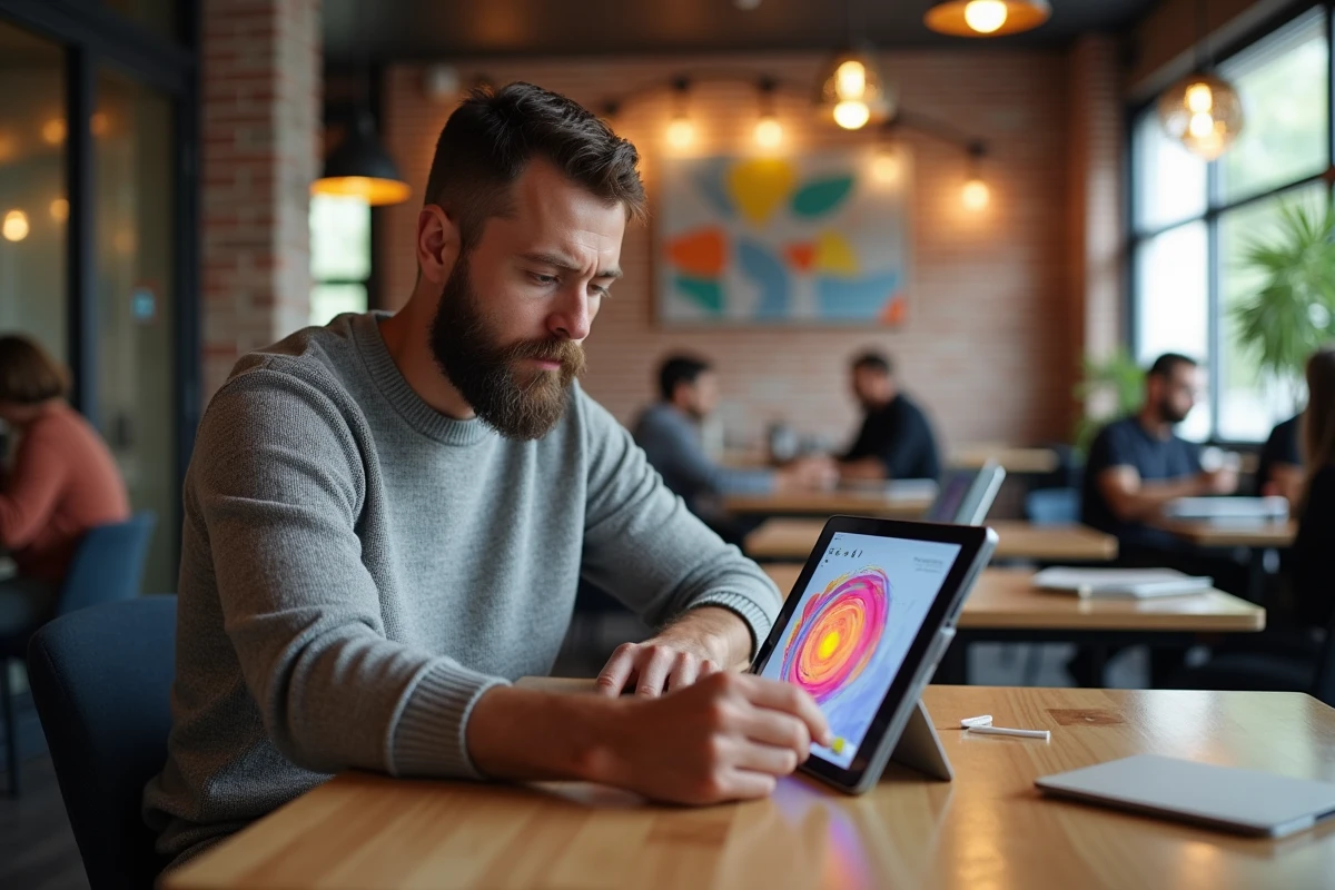 Homme concentré sur illustration digitale dans coworking