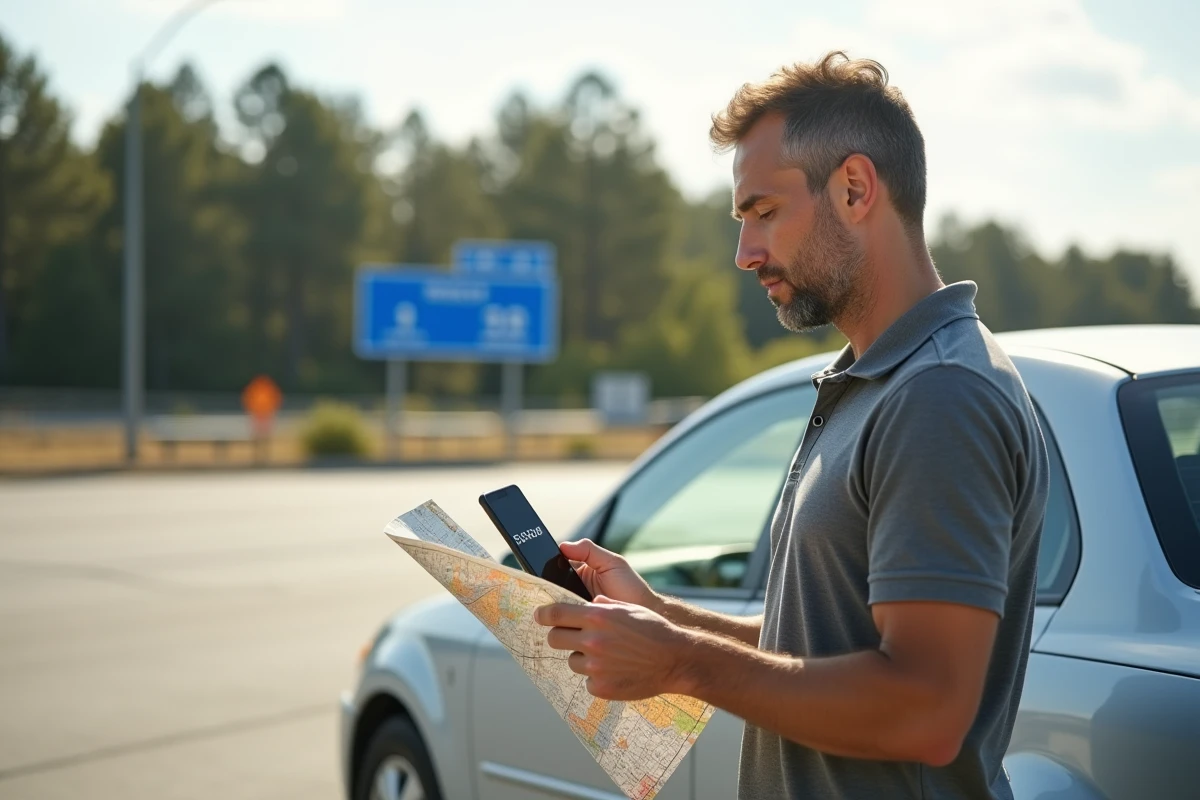 Homme à côté d'une voiture de location consultant une application de conversion de vitesse km/h en mph