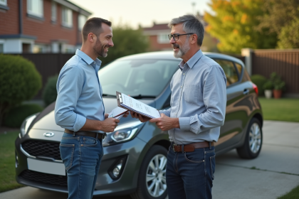 Homme d'âge moyen avec voiture compacte en driveway