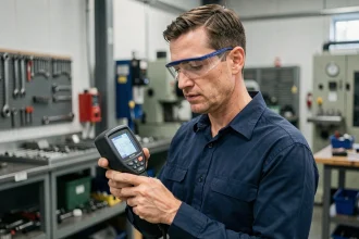Ingénieur utilisant un dynamomètre numérique portable en atelier industriel pour mesurer une force mécanique