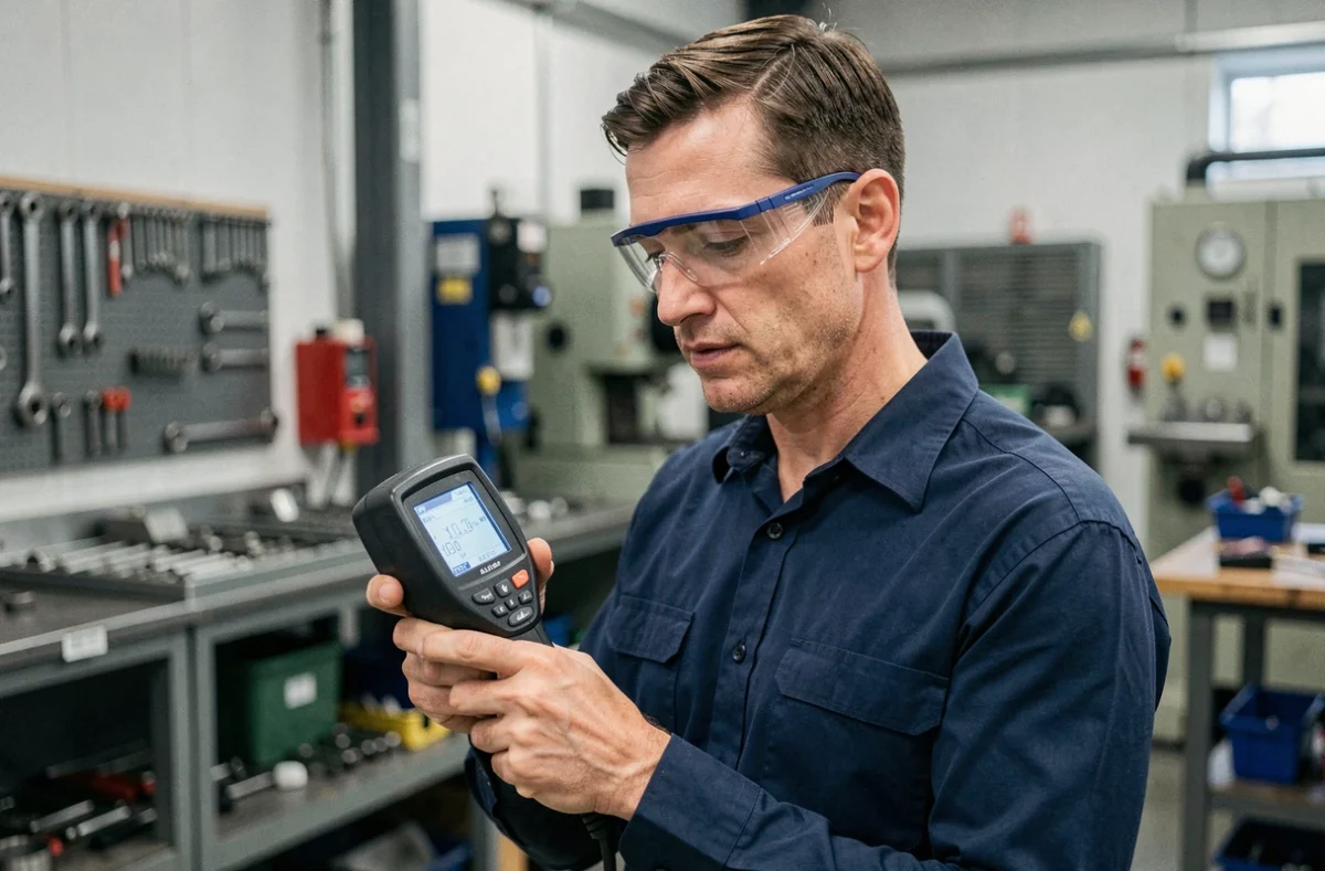 Ingénieur utilisant un dynamomètre numérique portable en atelier industriel pour mesurer une force mécanique