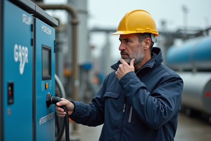 Ingénieur homme en casque jaune examine une pompe à hydrogène
