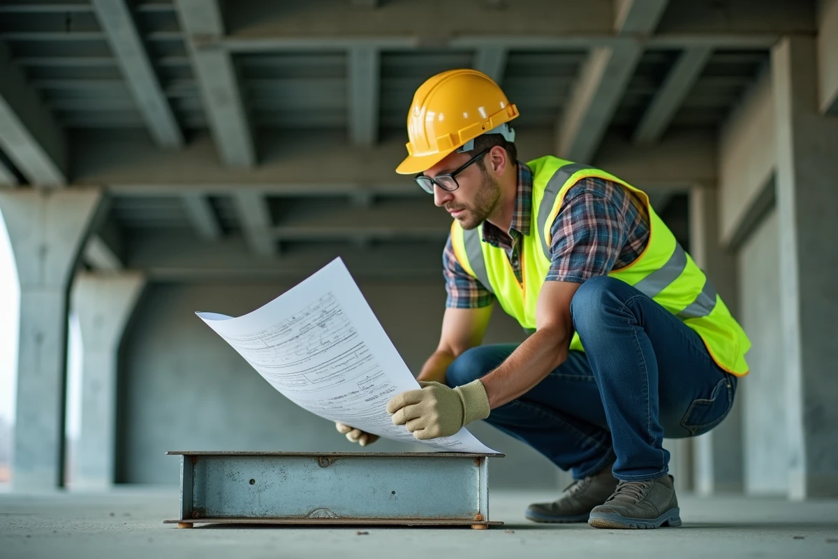 Ingénieur en bâtiment inspectant une cornière acier sous un plancher de mezzanine avec un plan technique à la main
