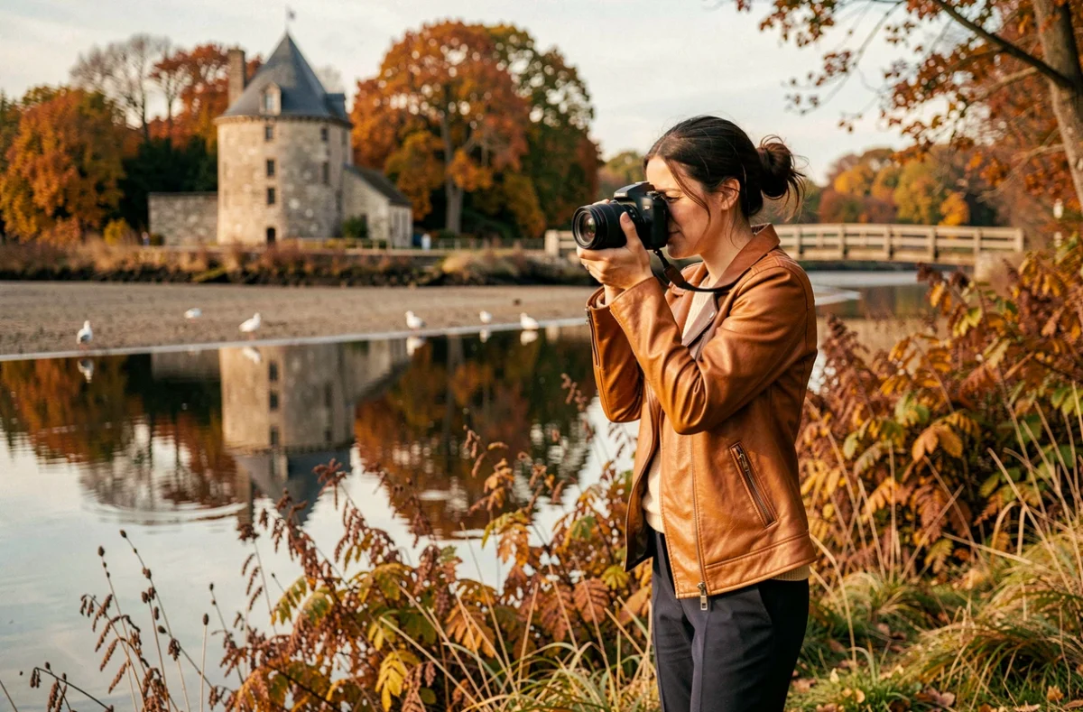 Jade Carchon, photographe, en train de photographier l'estuaire du Trieux en automne avec son appareil mirrorless dans les Côtes-d'Armor