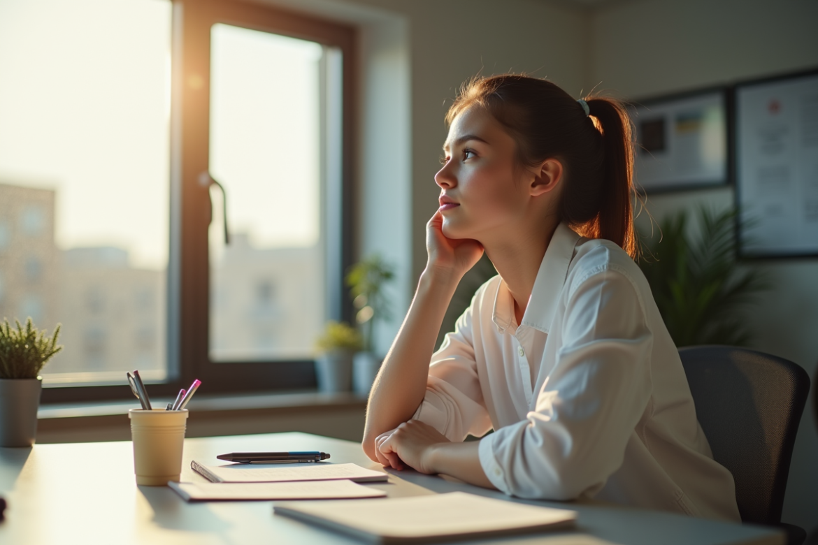 Jeune adulte pensif au bureau lumineux pour l'article {titre}