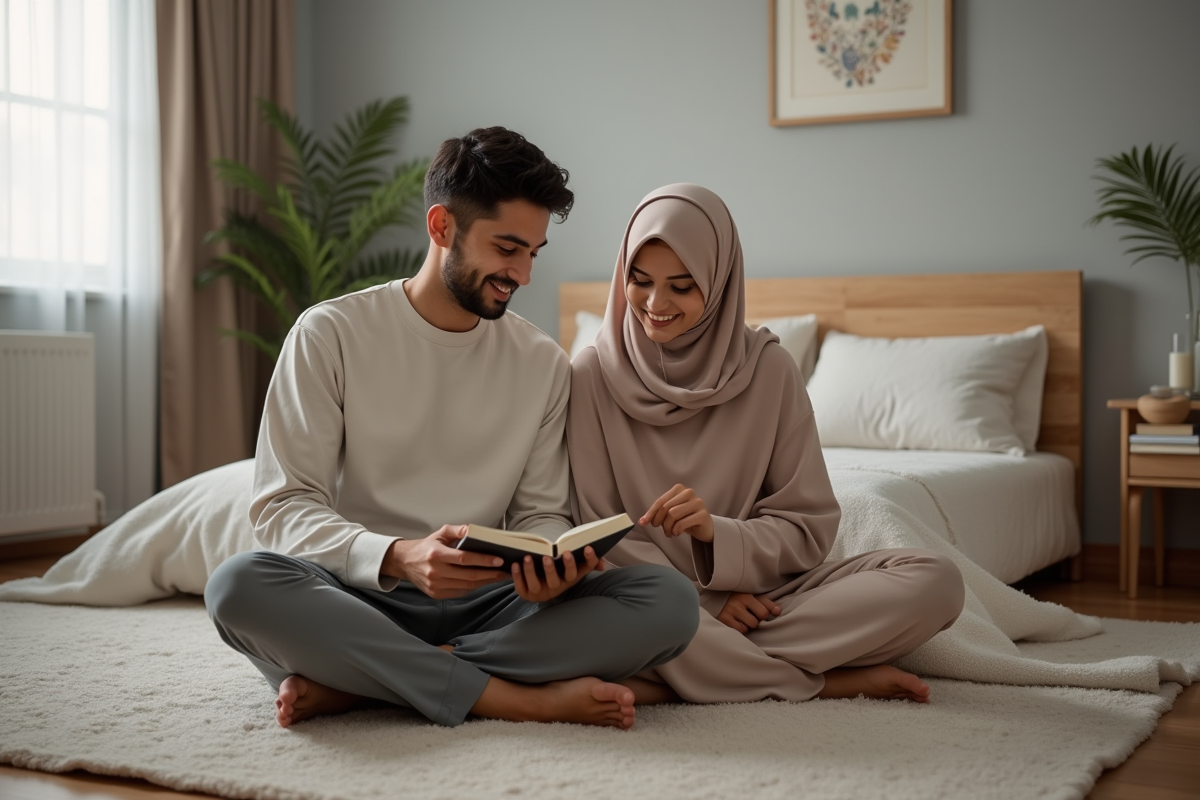 Jeune couple musulman lisant ensemble dans le salon