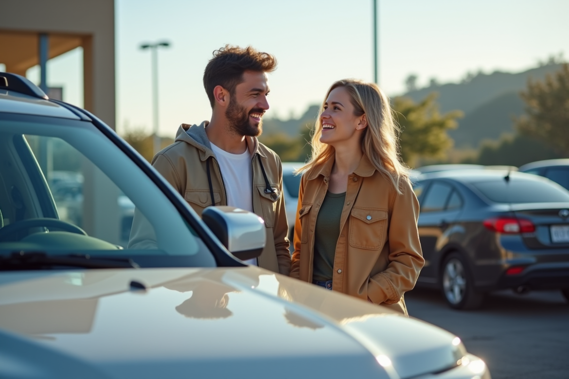 Jeune couple souriant examinant un véhicule utilitaire d'occasion