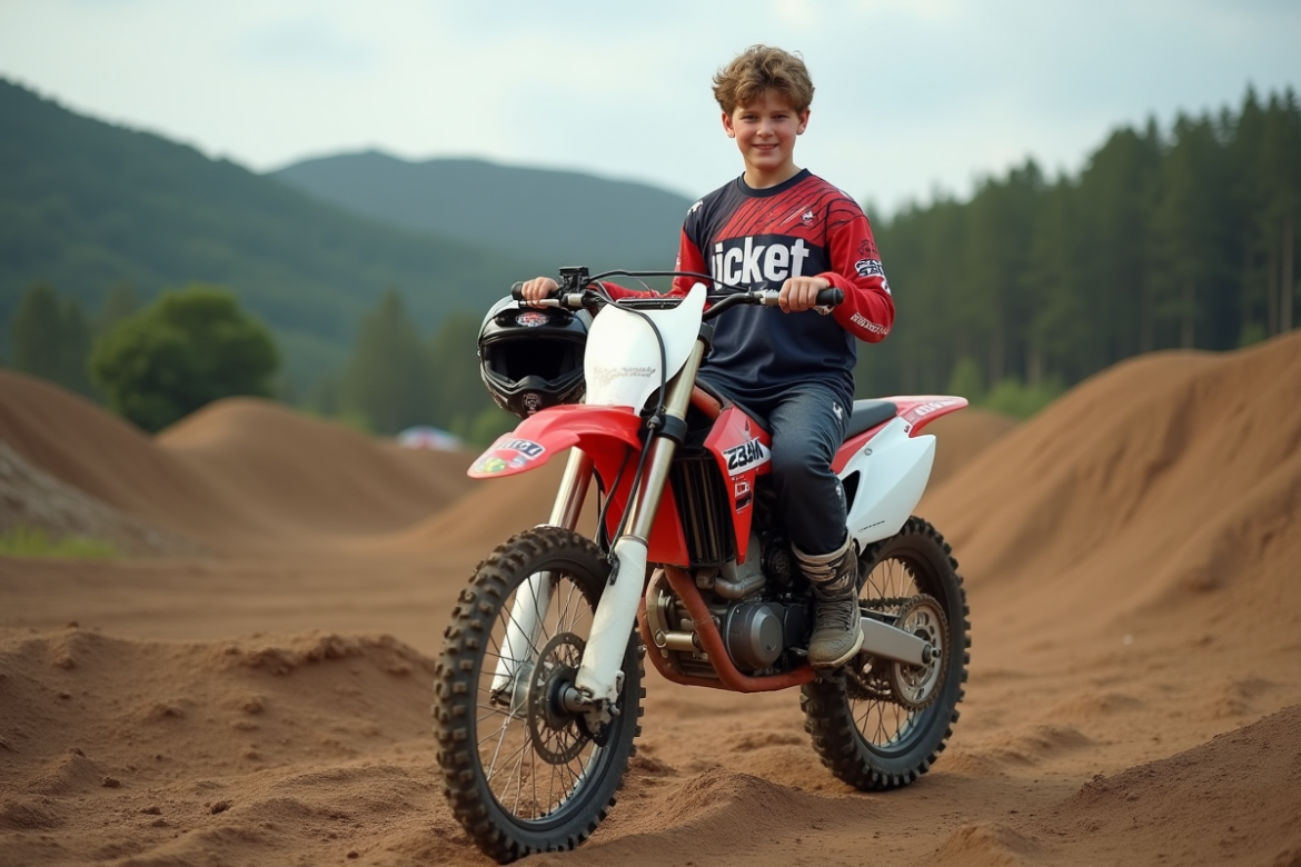 Jeune garçon de motocross souriant avec sa moto 125cc