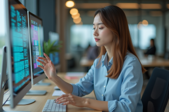 Jeune femme au bureau interagissant avec un écran tactile