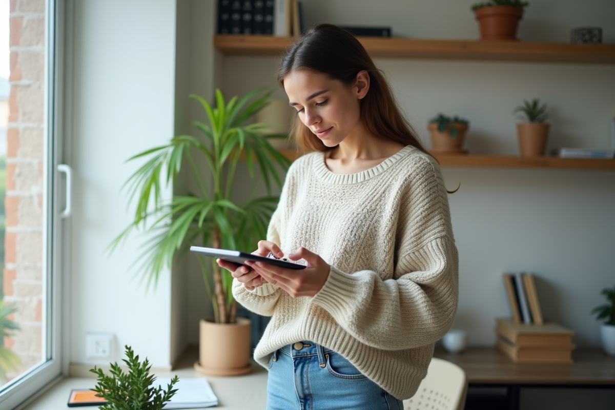 Jeune femme utilisant une calculatrice dans un bureau