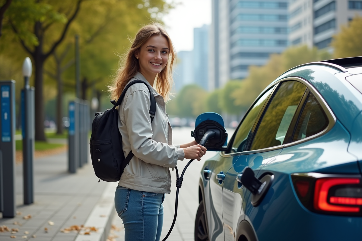 Jeune femme chargeant sa voiture electrique dans un parc urbain