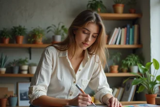 Jeune femme en studio créatif dessinant sur tablette