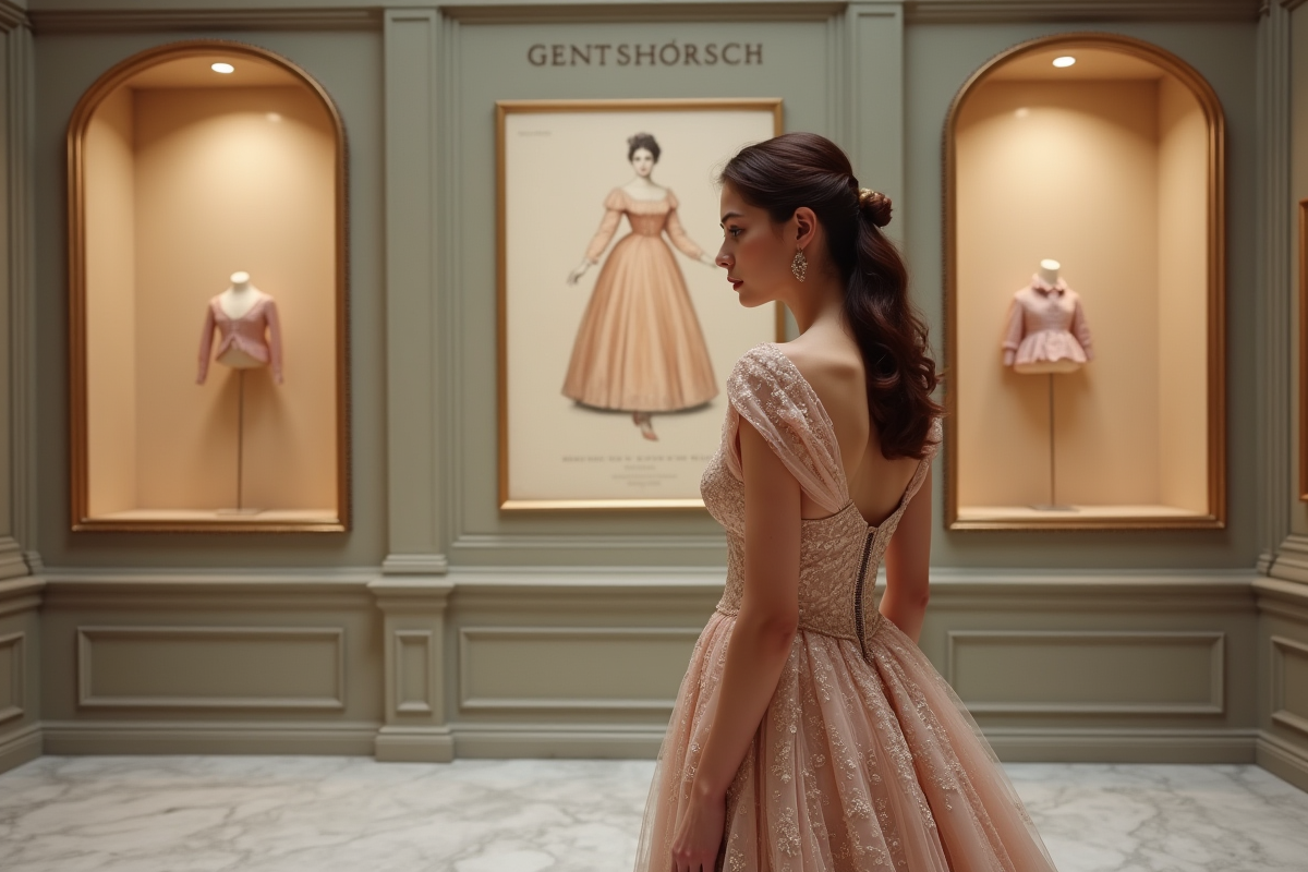 Jeune femme en robe haute couture dans un musée