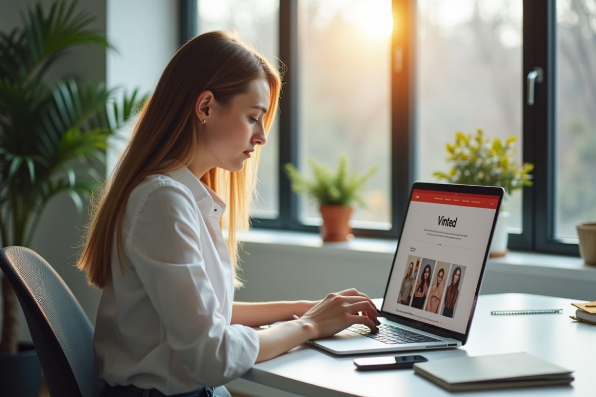 Jeune femme utilisant son ordinateur avec Vinted en ligne