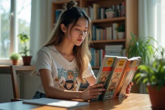 Jeune femme regarde des mangas One Piece en VF VO VUS