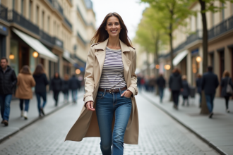 Jeune femme élégante marchant dans Paris avec trench et jeans