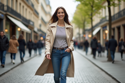 Jeune femme élégante marchant dans Paris avec trench et jeans