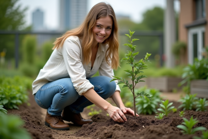 Femme plantant un jeune arbre dans un jardin urbain