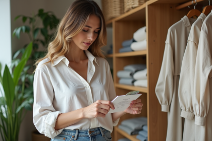 Jeune femme examine une étiquette de vêtement dans une boutique éthique