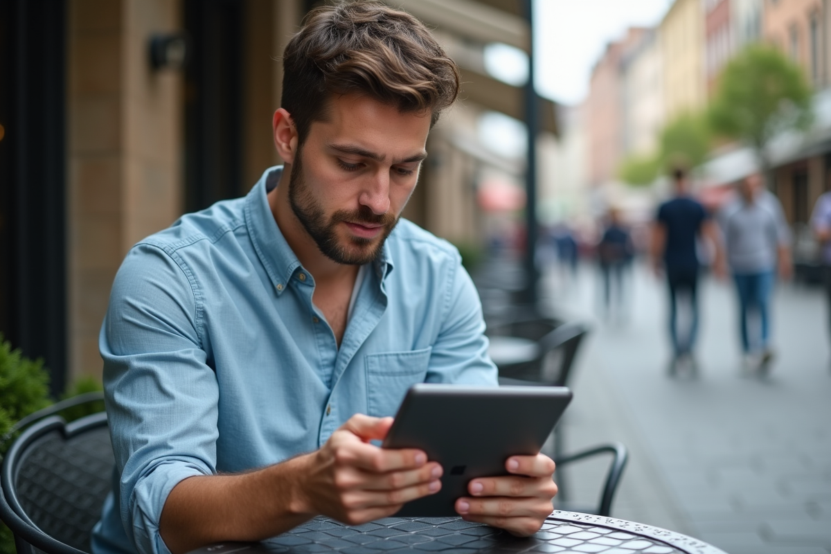 Jeune homme utilisant une application d investissement en réalité augmentée