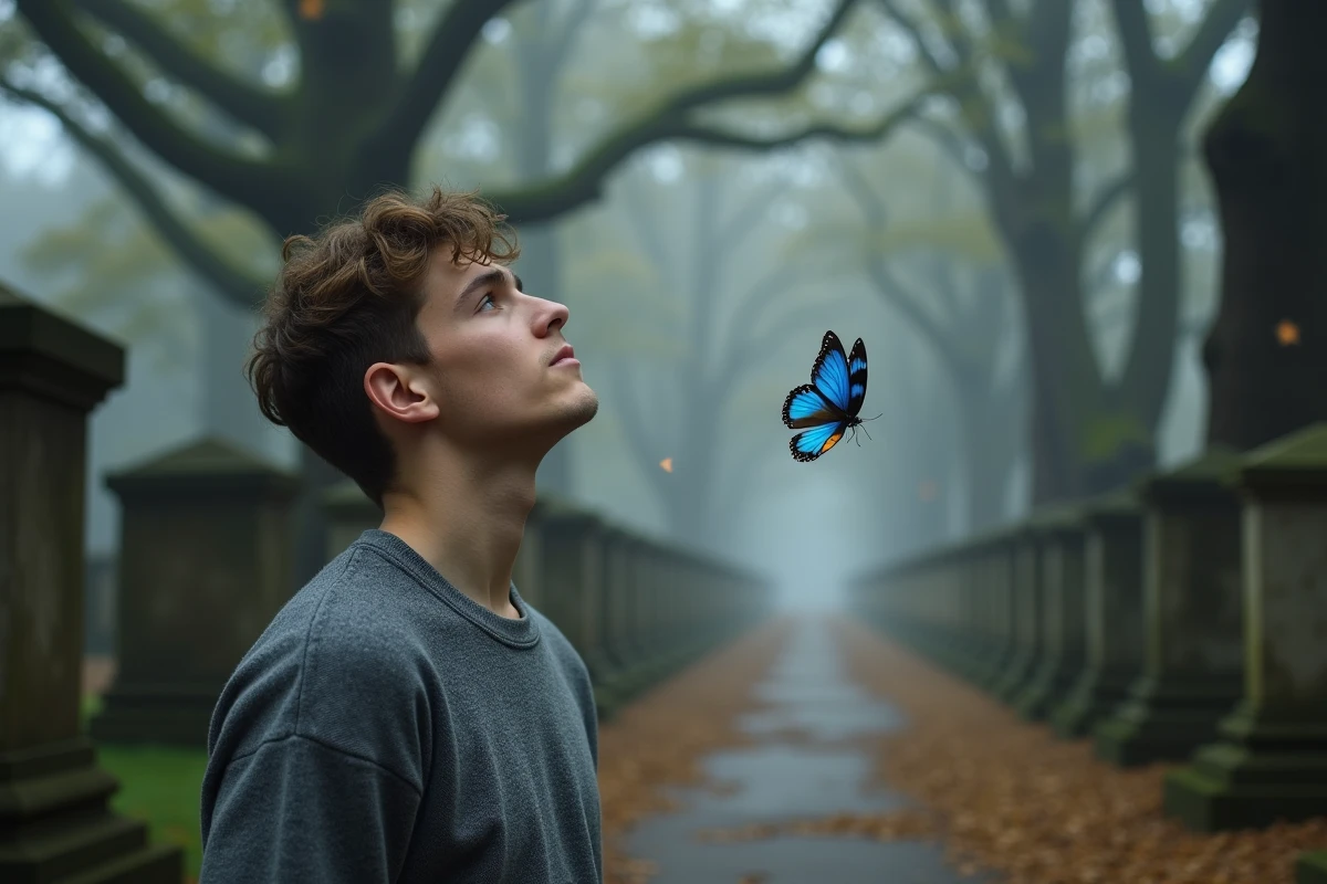 Jeune homme dans un cimetière observant un papillon bleu