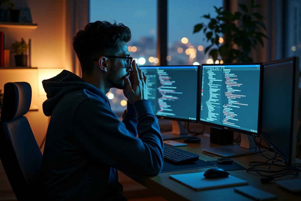 Jeune homme en hoodie regardant du code tard la nuit dans son bureau