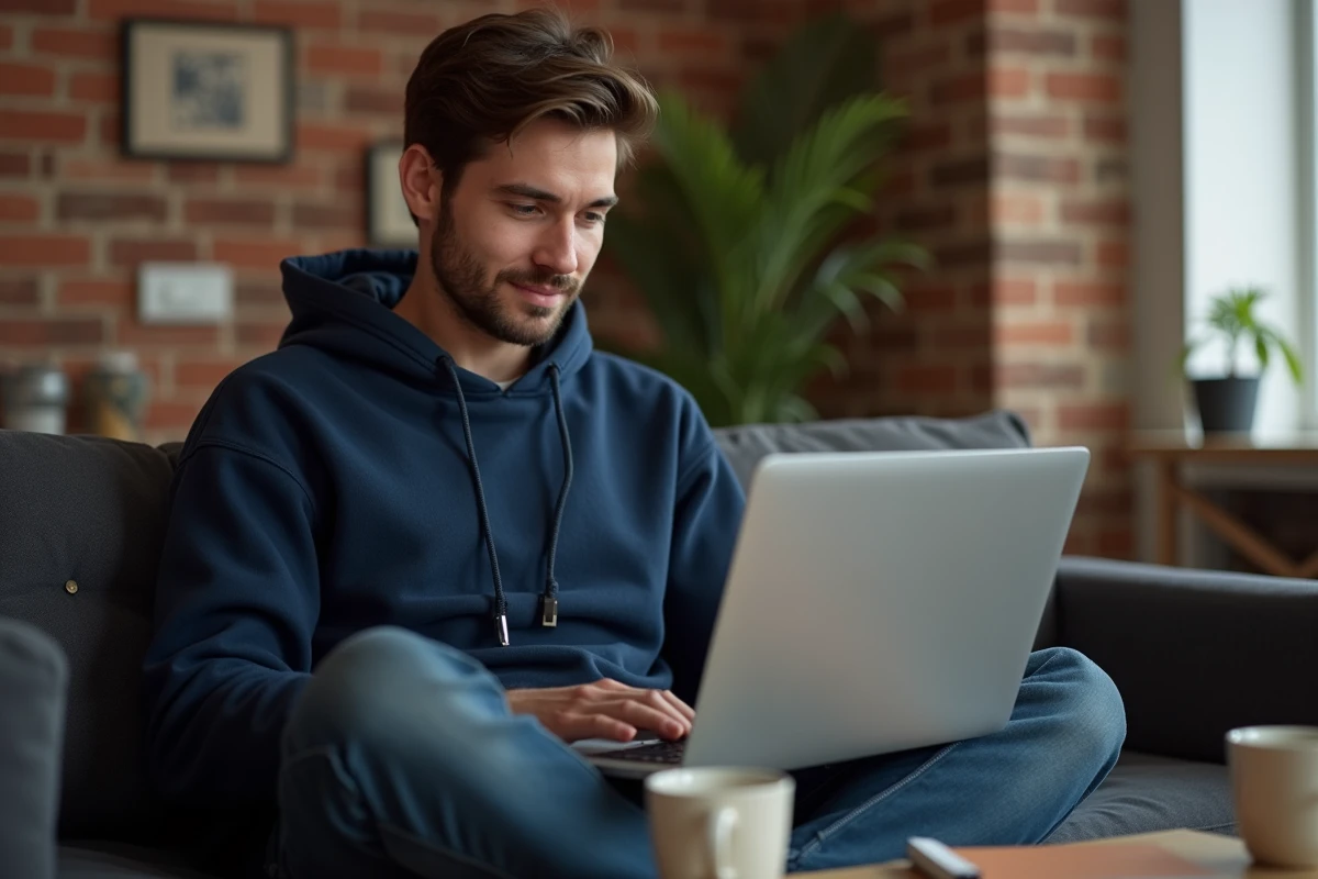 Jeune homme détendu consultant un compteur d'emots dans son navigateur depuis son canapé dans un appartement urbain