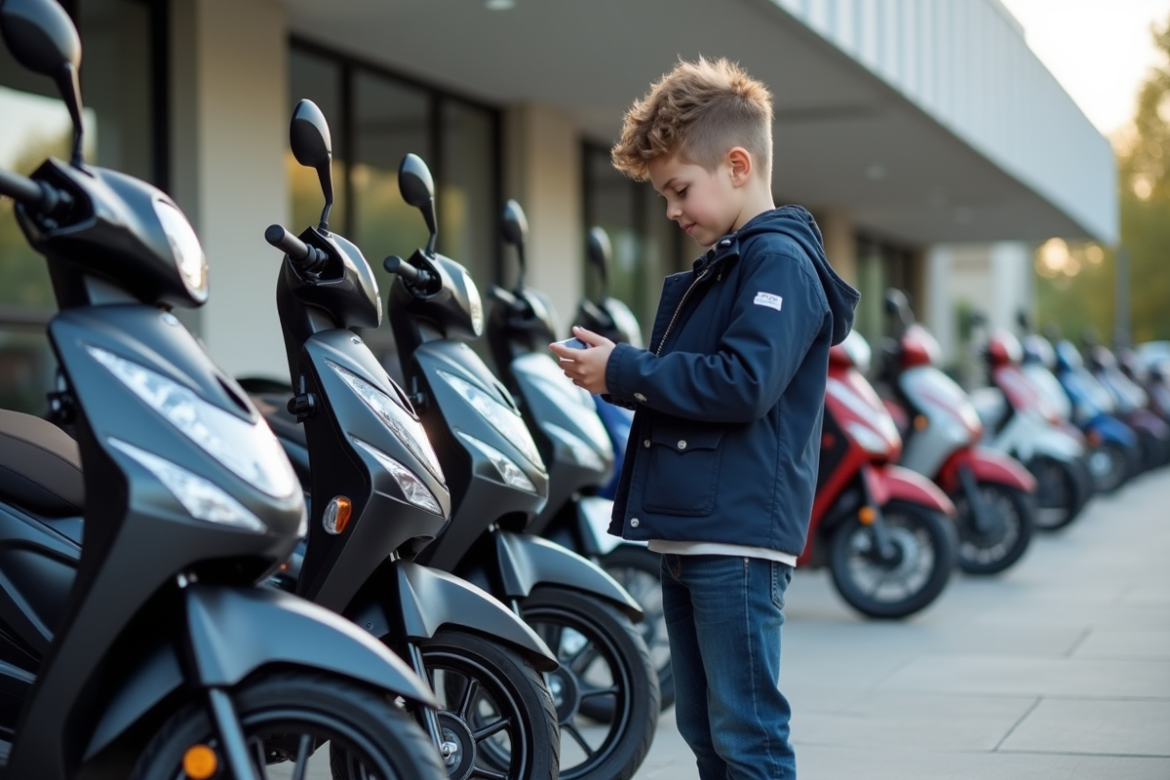 Jeune garçon regardant une moto 50cc en concession