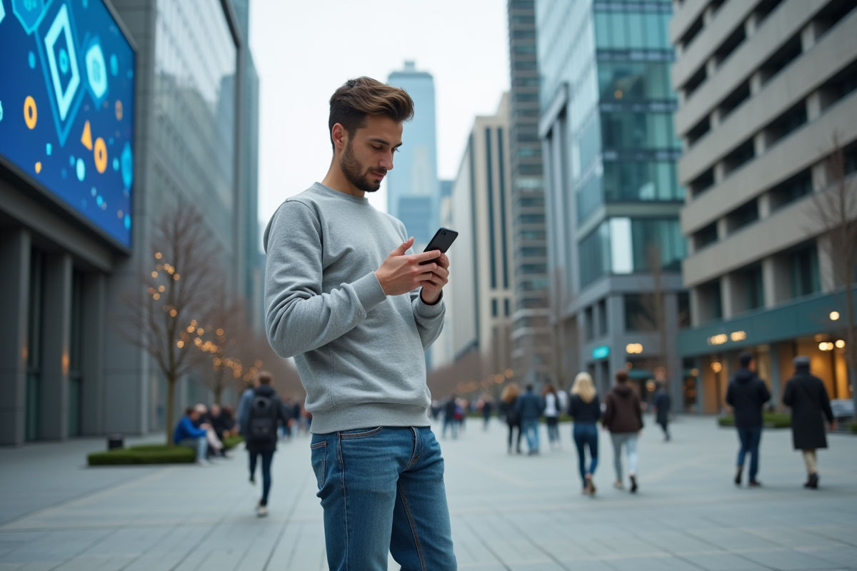 Jeune homme scannant un QR code dans une place urbaine