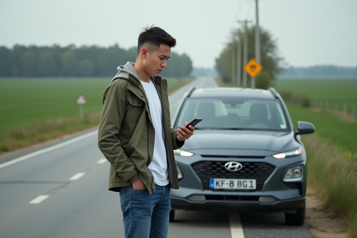 Jeune homme frustré vérifiant son smartphone à côté d une voiture hybride