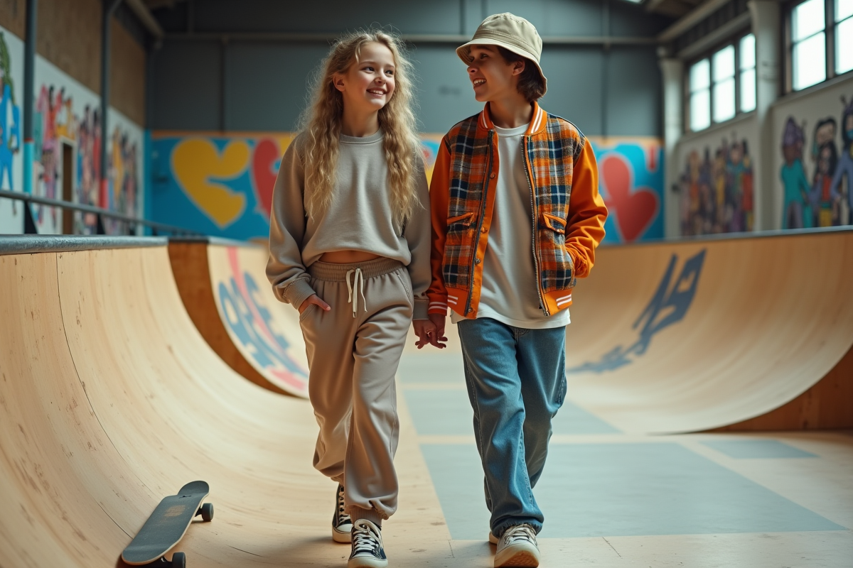Adolescent en streetwear dans un skatepark coloré
