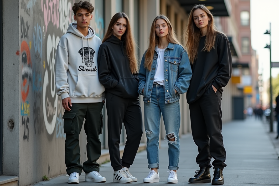 Groupe de jeunes adultes en streetwear urbain dans la ville