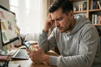 Homme frustré regardant son téléphone avec une application de jeu Monopoly GO en stagnation de progression