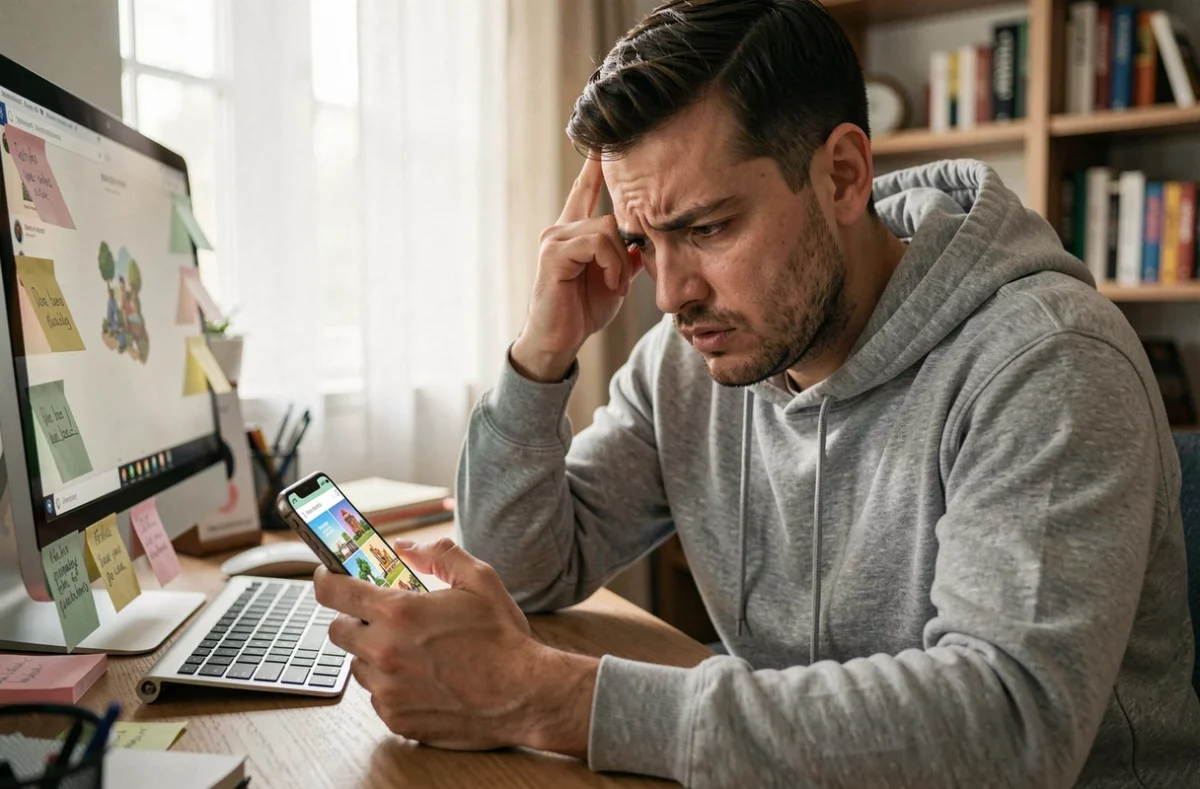 Homme frustré regardant son téléphone avec une application de jeu Monopoly GO en stagnation de progression