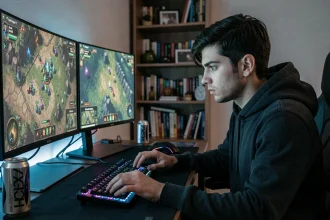 Joueur de League of Legends concentré devant ses écrans en solo queue midlane, setup gaming réaliste