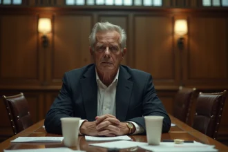 Juré numéro 2 regardant la caméra dans une salle de délibération de tribunal, expression ambiguë et regard direct évoquant la fin du film