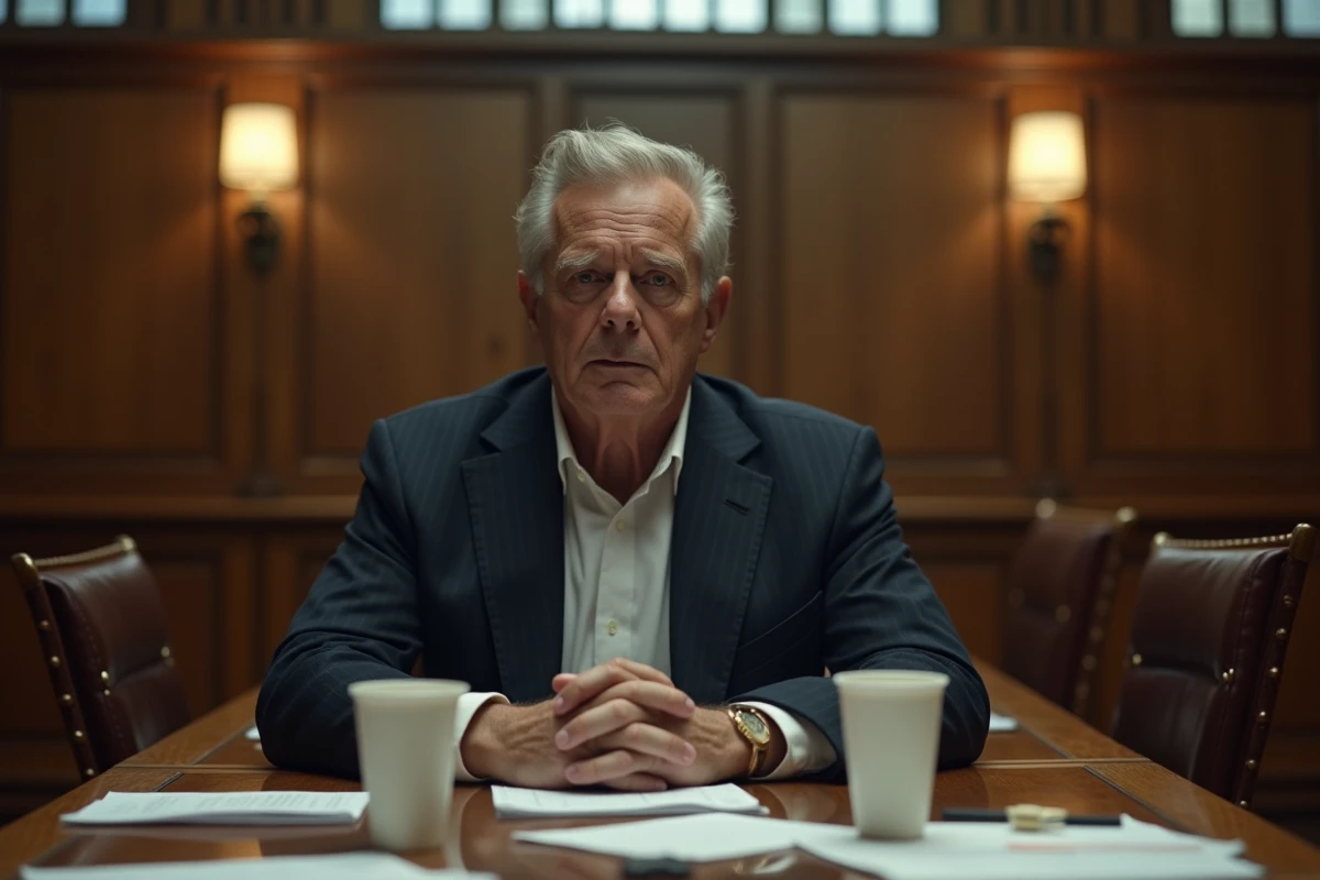 Juré numéro 2 regardant la caméra dans une salle de délibération de tribunal, expression ambiguë et regard direct évoquant la fin du film