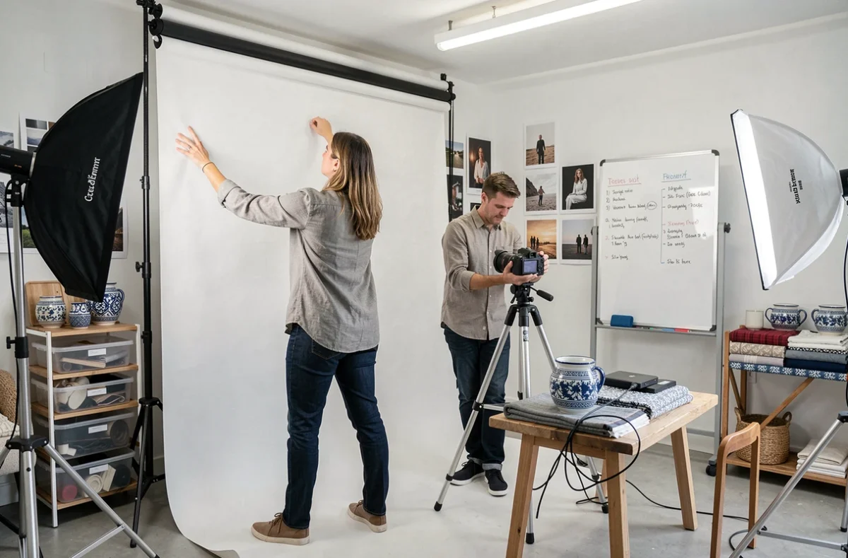 L'équipe de La Boîte à Images, deux photographes collaborant dans leur studio professionnel équipé dans les Côtes-d'Armor