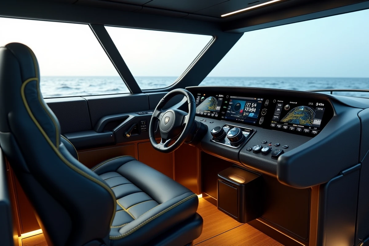 Poste de pilotage intérieur du Lamborghini 63, avec panneaux en fibre de carbone, écrans de navigation et sellerie cuir noir et jaune