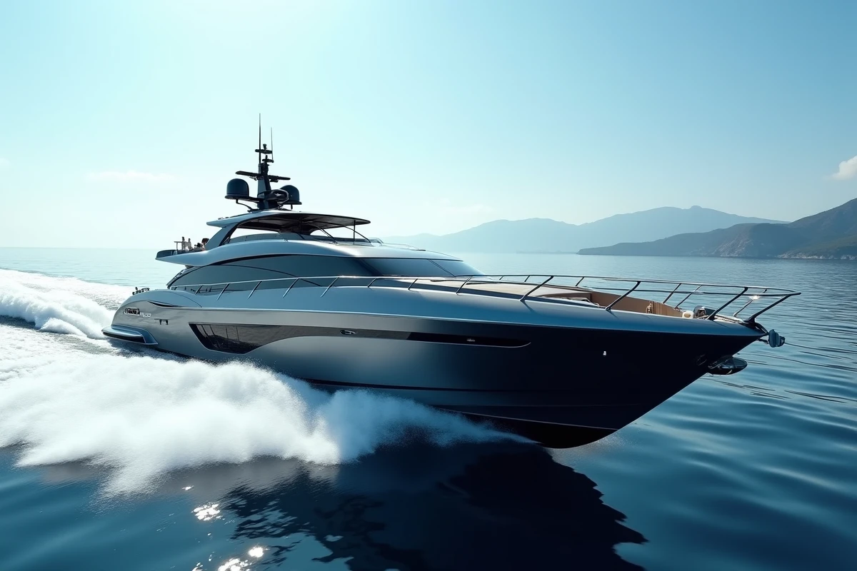 Le Lamborghini 63 naviguant à grande vitesse en mer Méditerranée, photographié depuis un bateau suiveur au ras de l'eau