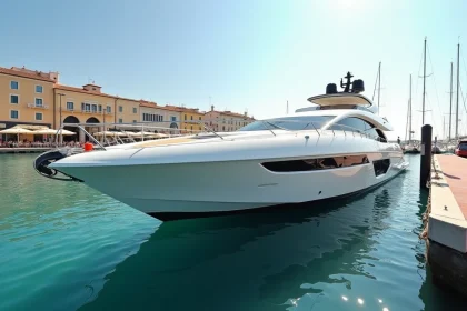 Le Lamborghini 63 superyacht blanc amarré dans un port méditerranéen luxueux, vue grand angle depuis le quai